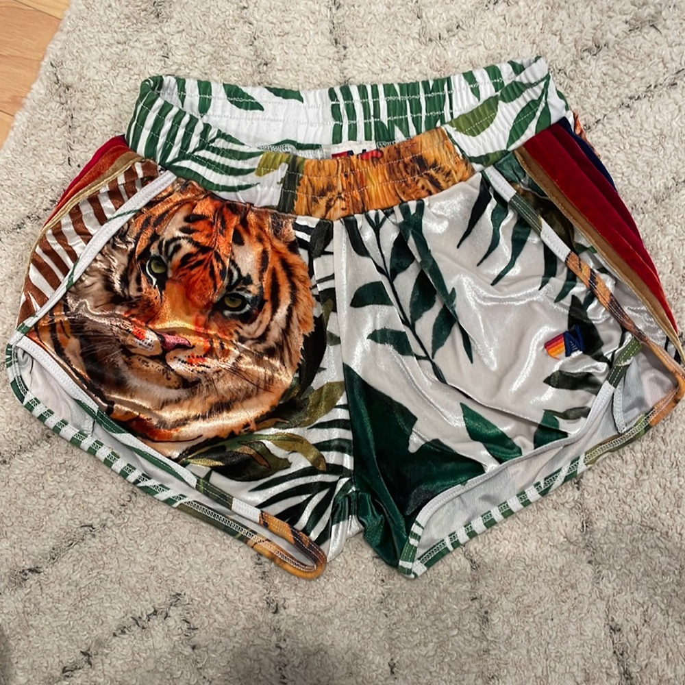 Aviator nation tiger print velvet shorts with velvet stripes on sides.